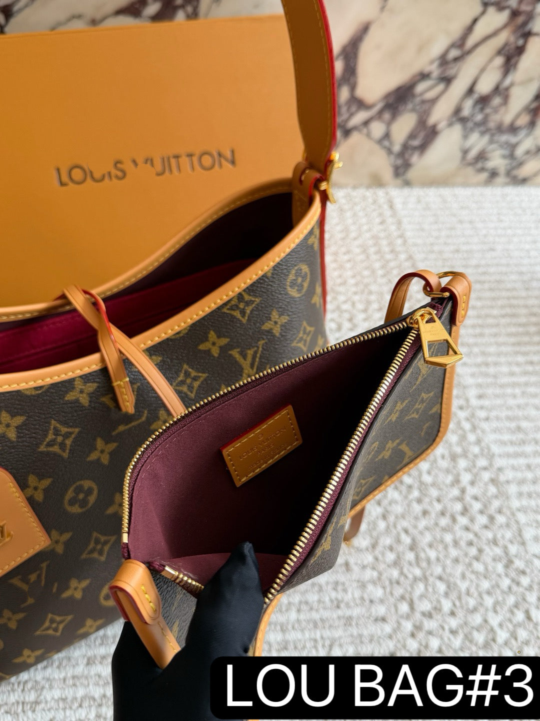 LOU BAG #3 Original Leather | Monogram Coated Canvas | Vachetta Leather Trim | Gold-Tone Hardware | 35×28×15cm | Slouchy Hobo Tote | Carryall PM