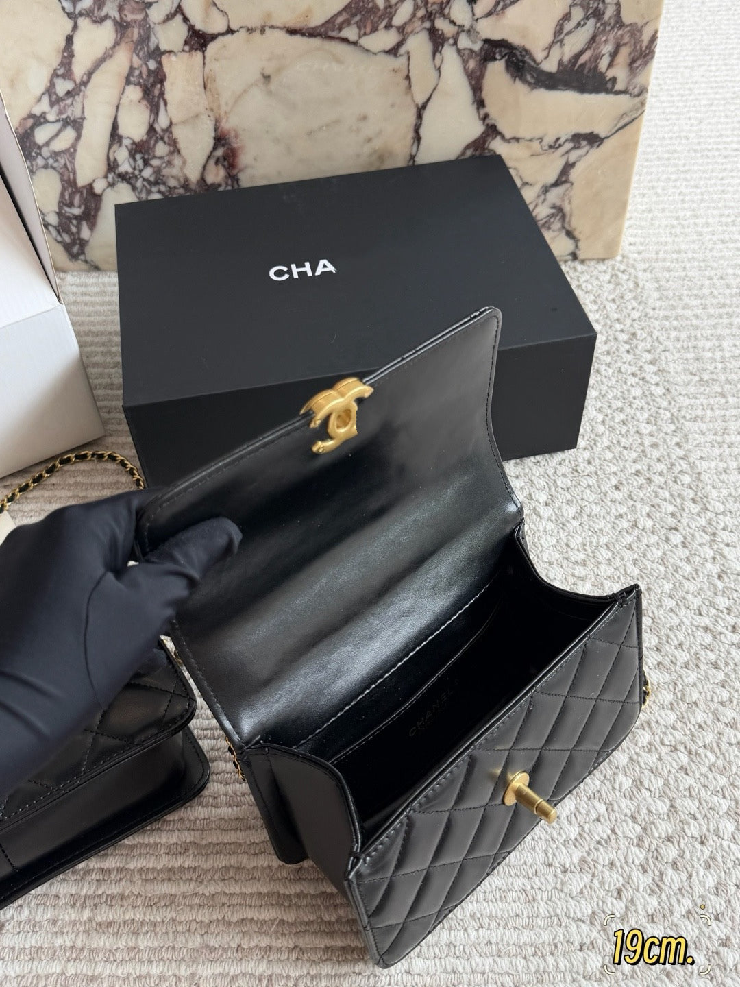 CHA BAG #8 Original Lambskin | Black | Aged Gold Hardware | Two Sizes Same Price | 19cm & 22cm | Adjustable Ball Charm