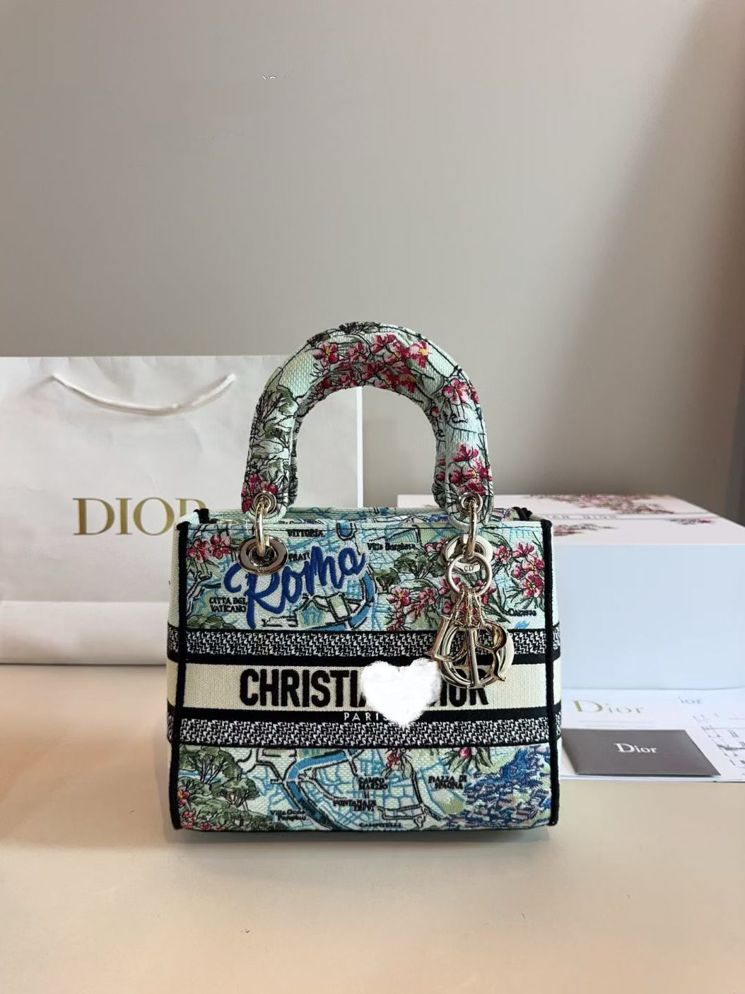 DIO BAG #3 Embroidered Cotton Cannage | Pale Gold-Tone Hardware | 24×20×11cm | Medium Top Handle | Lady D-Lite
