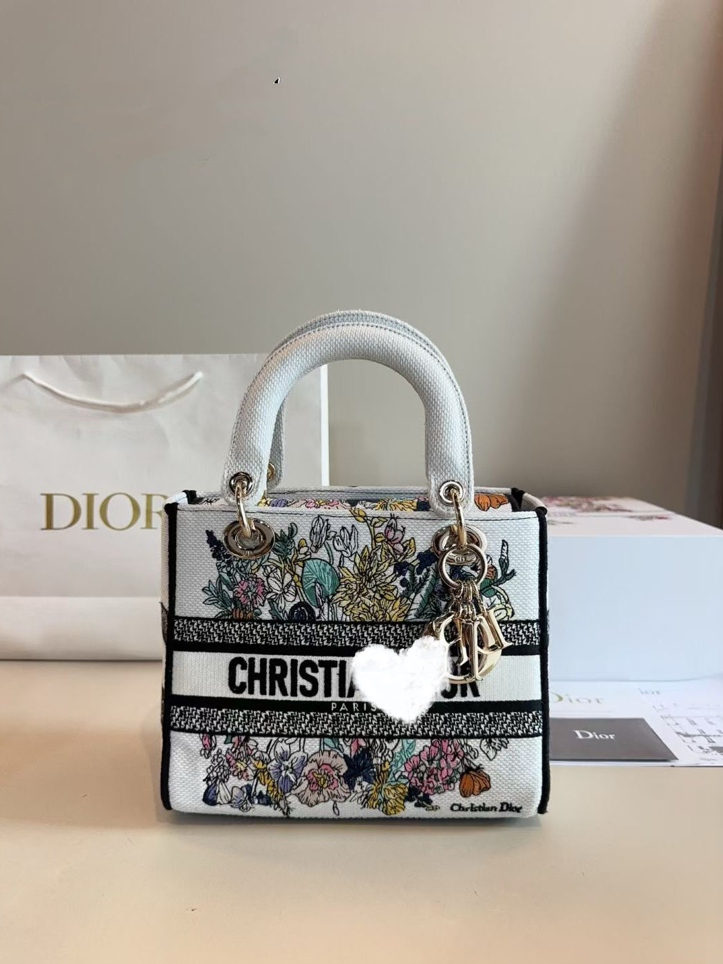DIO BAG #3 Embroidered Cotton Cannage | Pale Gold-Tone Hardware | 24×20×11cm | Medium Top Handle | Lady D-Lite
