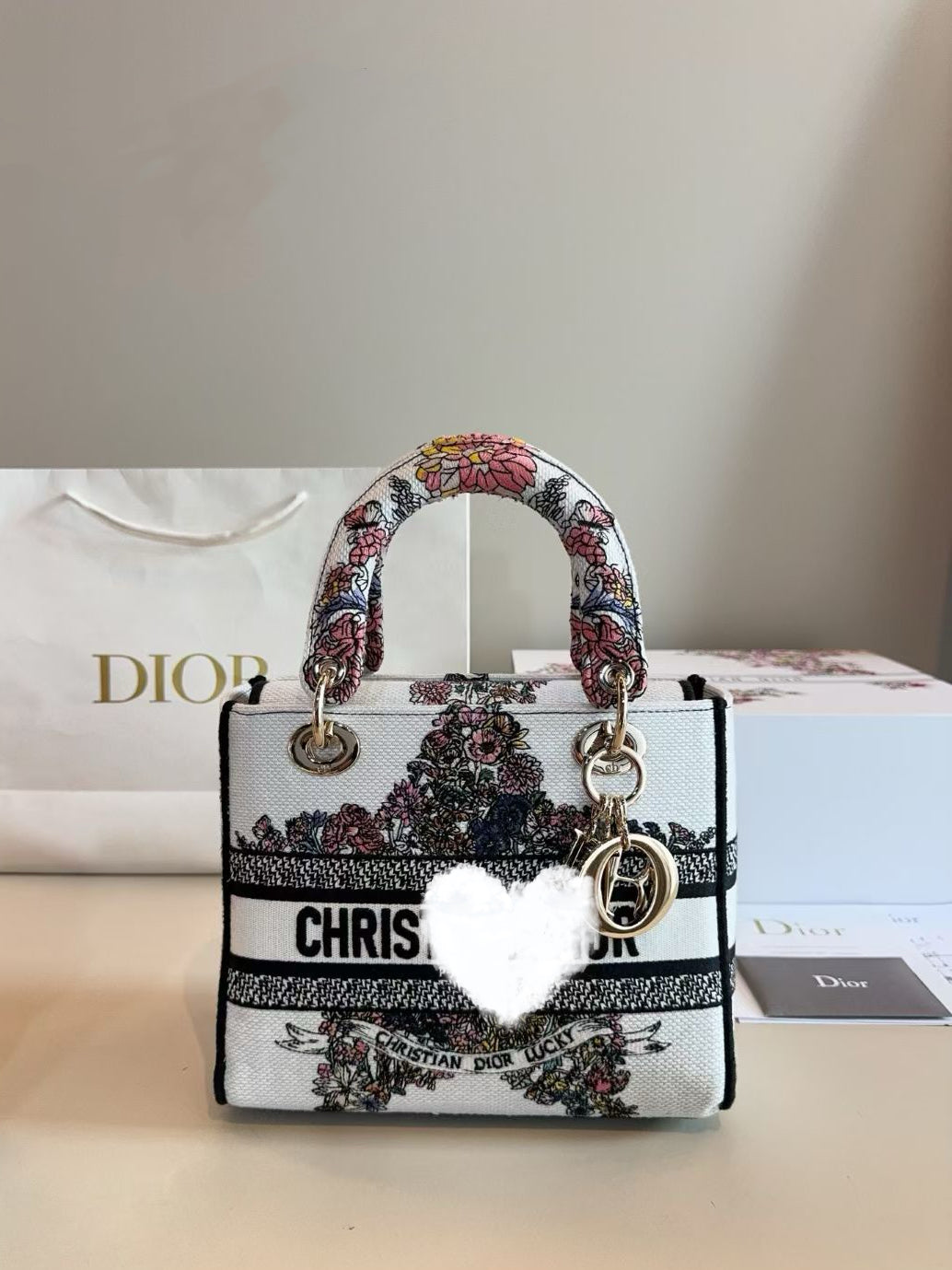 DIO BAG #3 Embroidered Cotton Cannage | Pale Gold-Tone Hardware | 24×20×11cm | Medium Top Handle | Lady D-Lite
