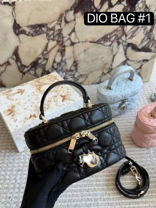 DIO BAG #1 Lady Quilted Lambskin Cosmetic Vanity Bag with Detachable Strap