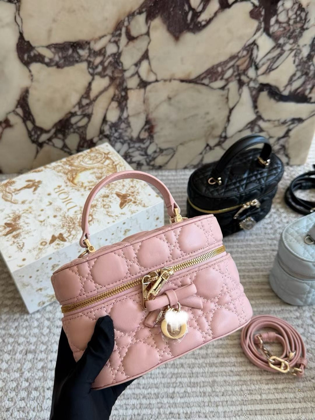 DIO BAG #1 Lady Quilted Lambskin Cosmetic Vanity Bag with Detachable Strap