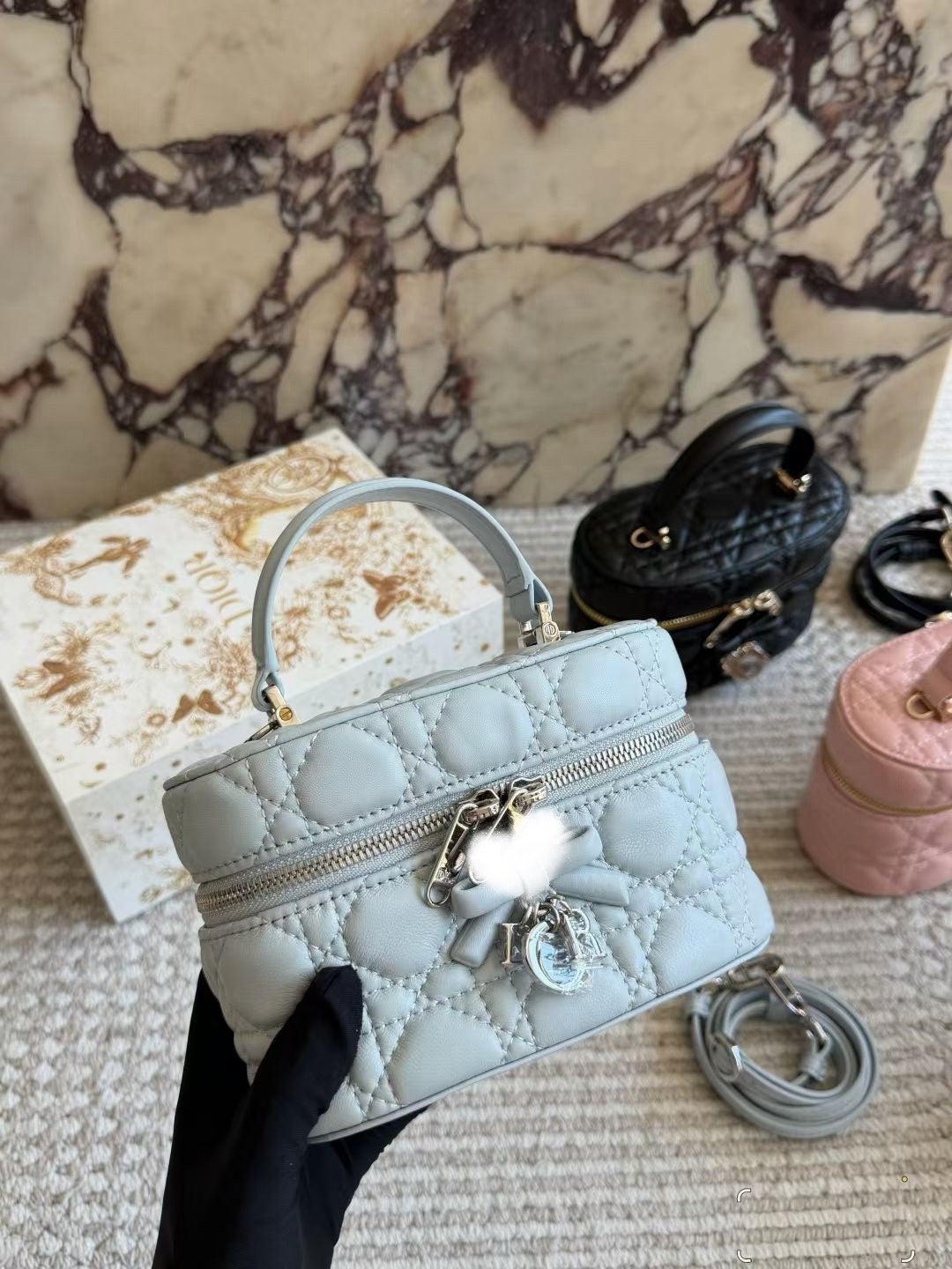 DIO BAG #1 Lady Quilted Lambskin Cosmetic Vanity Bag with Detachable Strap