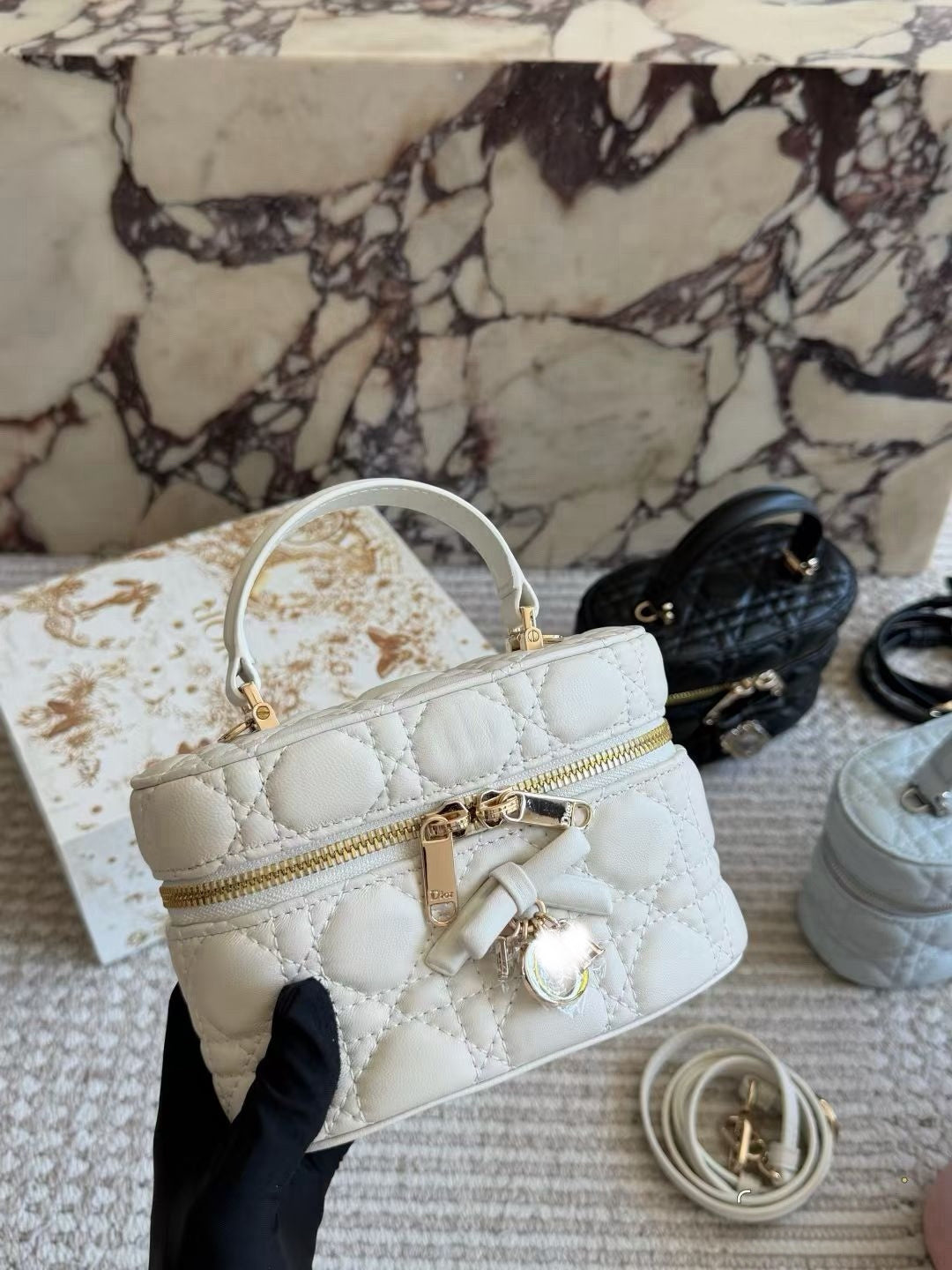 DIO BAG #1 Lady Quilted Lambskin Cosmetic Vanity Bag with Detachable Strap