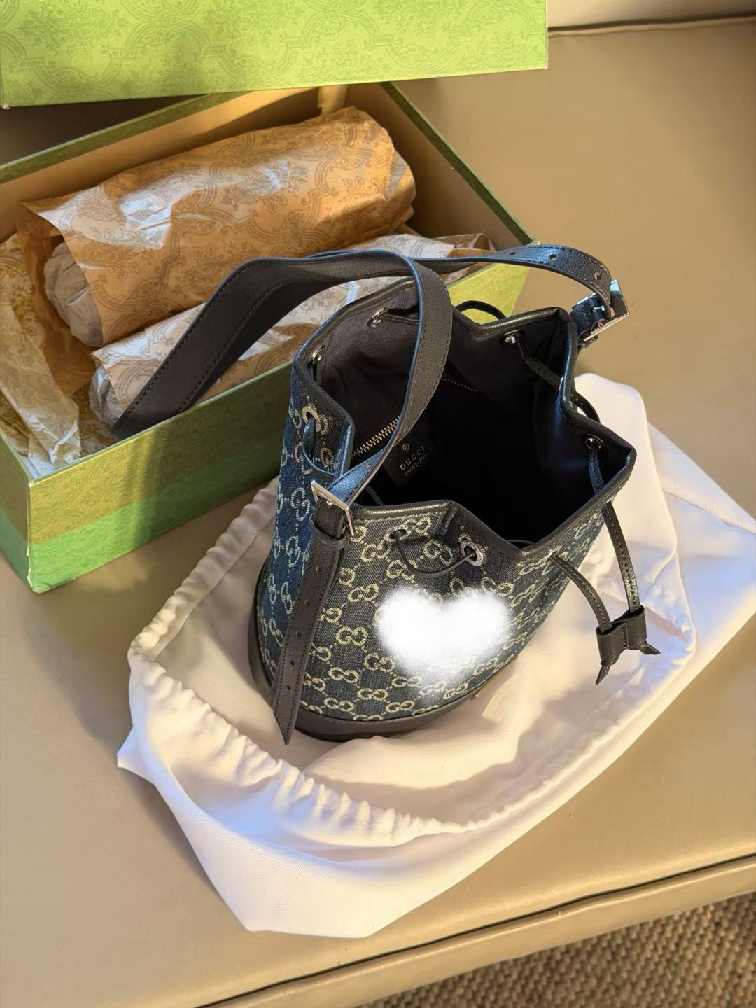 GUC BAG #2 Ophidia GG Denim Small Bucket Bag – Vintage Indigo Gold