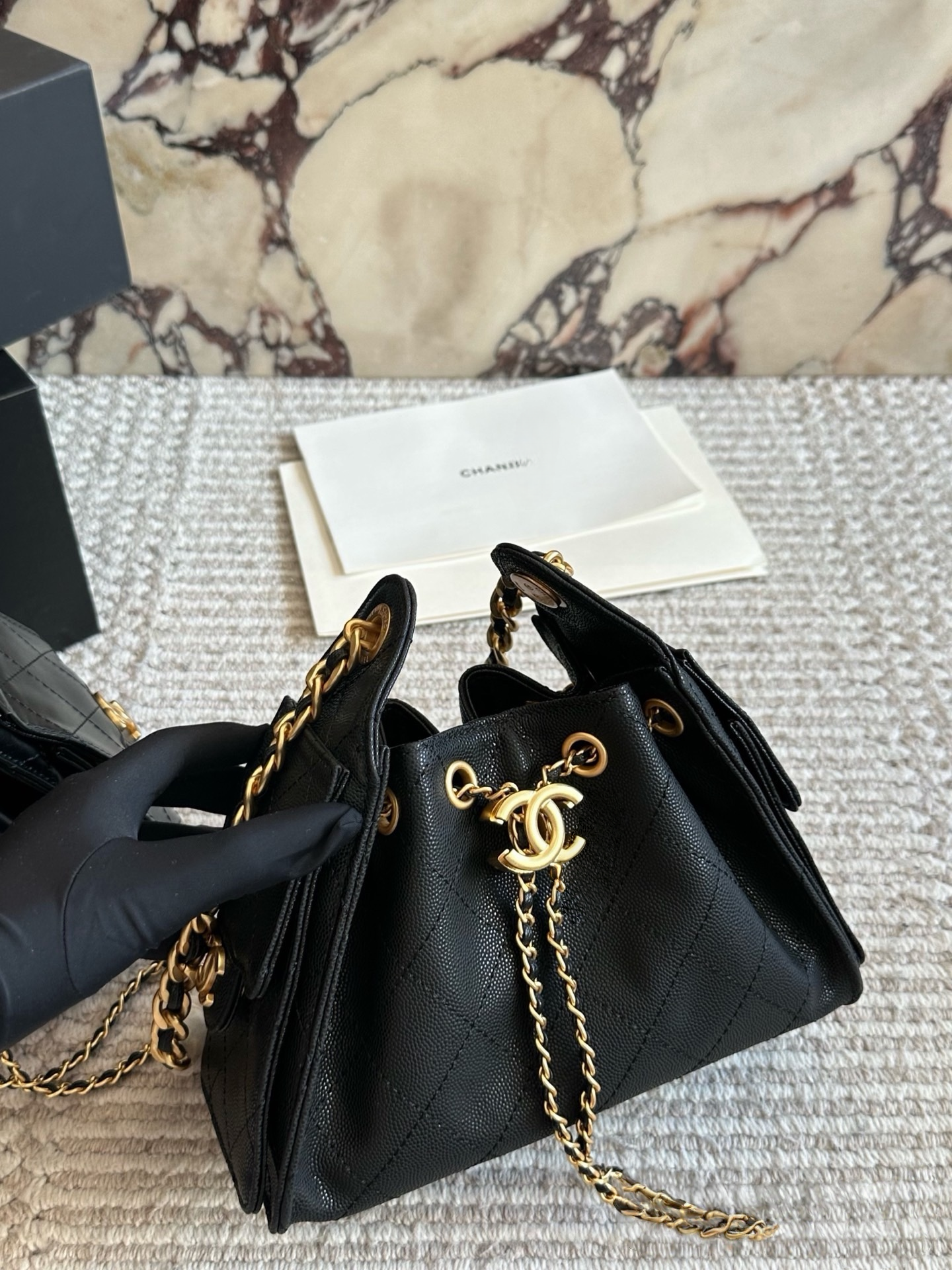 CHA BAG #3 CC 25S Hobo Bag | Black Caviar Leather | Gold Hardware | Mini 26×19cm