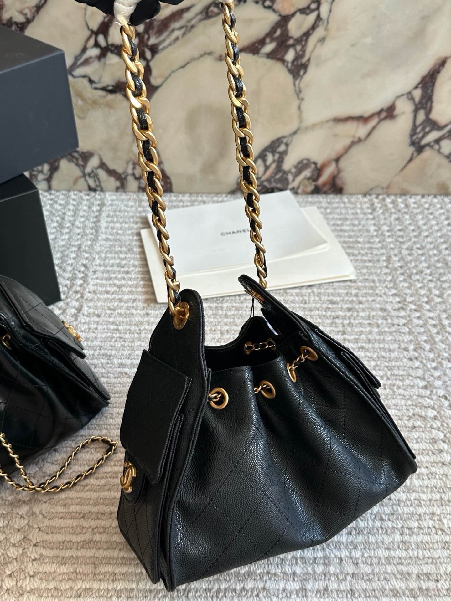 CHA BAG #3 CC 25S Hobo Bag | Black Caviar Leather | Gold Hardware | Mini 26×19cm