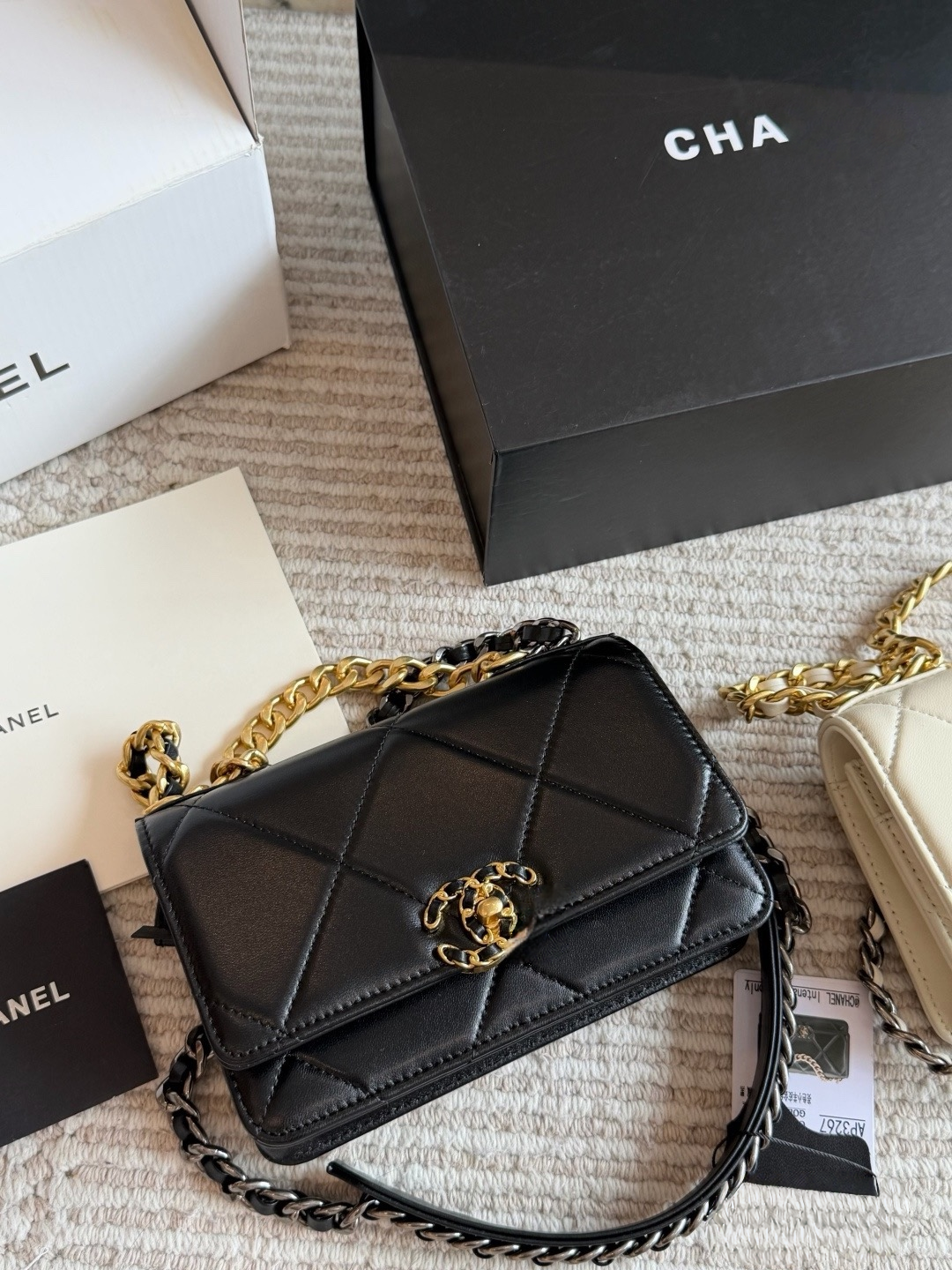 CHA BAG #4 CC 19 WOC Wallet On Chain | Original Lambskin | Black & Cream | Gold Hardware | Mini Lucky Bag