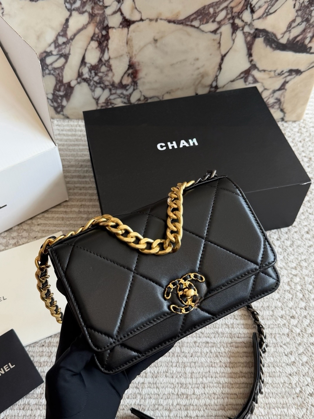 CHA BAG #4 CC 19 WOC Wallet On Chain | Original Lambskin | Black & Cream | Gold Hardware | Mini Lucky Bag
