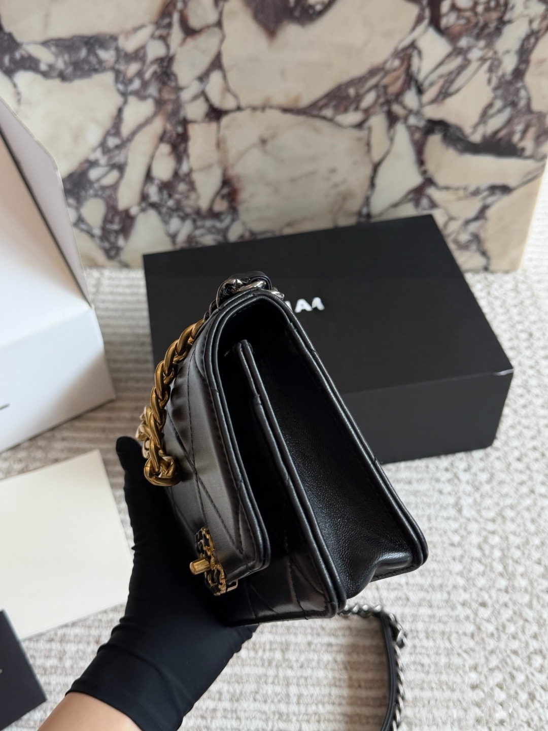 CHA BAG #4 CC 19 WOC Wallet On Chain | Original Lambskin | Black & Cream | Gold Hardware | Mini Lucky Bag