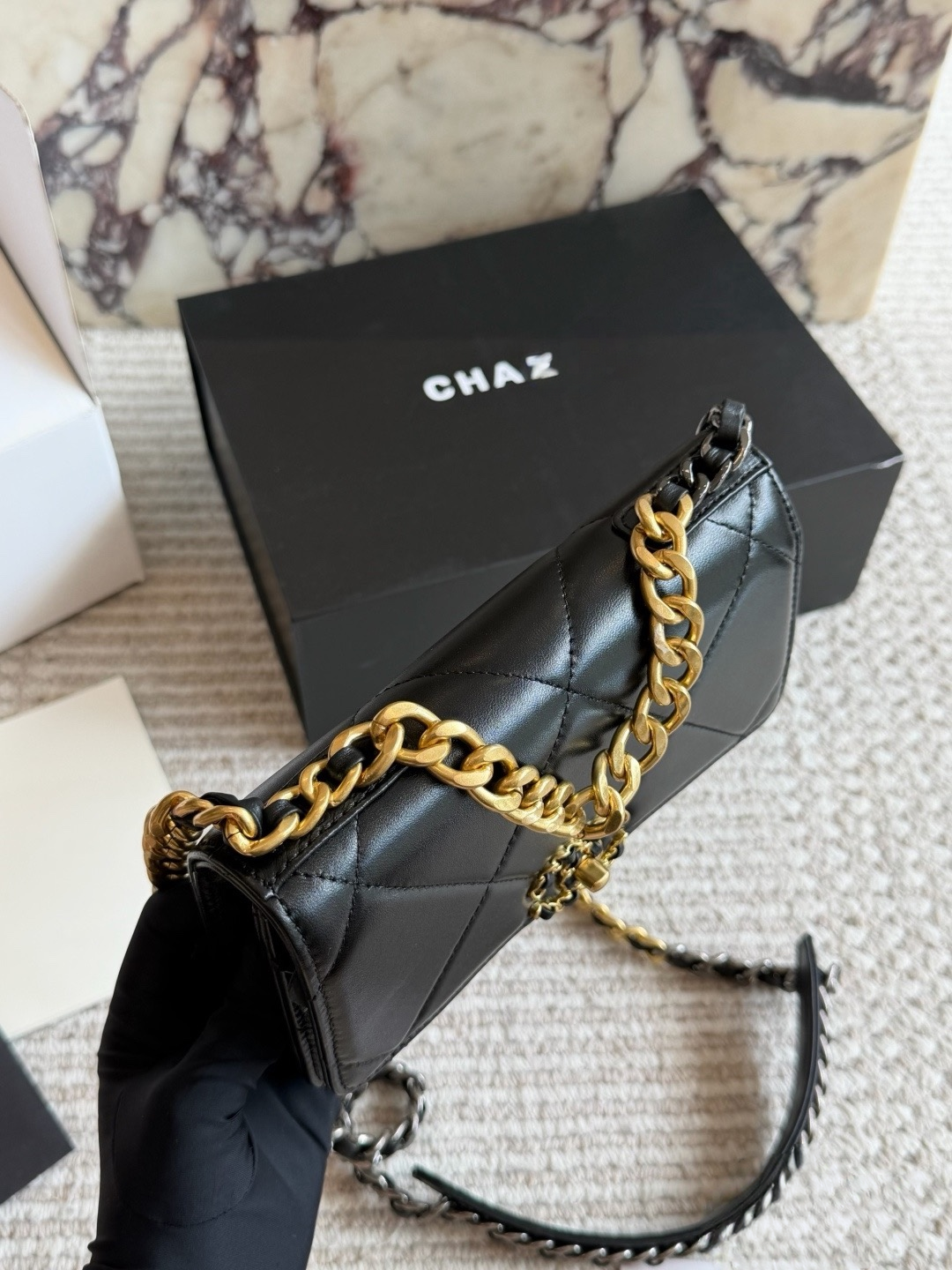 CHA BAG #4 CC 19 WOC Wallet On Chain | Original Lambskin | Black & Cream | Gold Hardware | Mini Lucky Bag