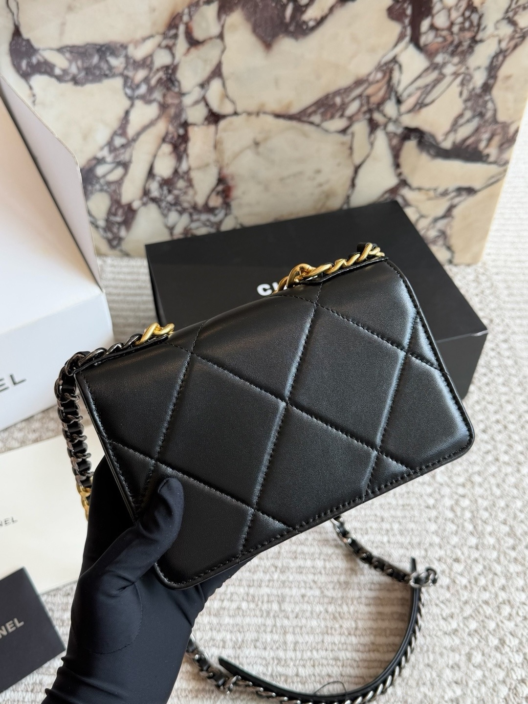 CHA BAG #4 CC 19 WOC Wallet On Chain | Original Lambskin | Black & Cream | Gold Hardware | Mini Lucky Bag