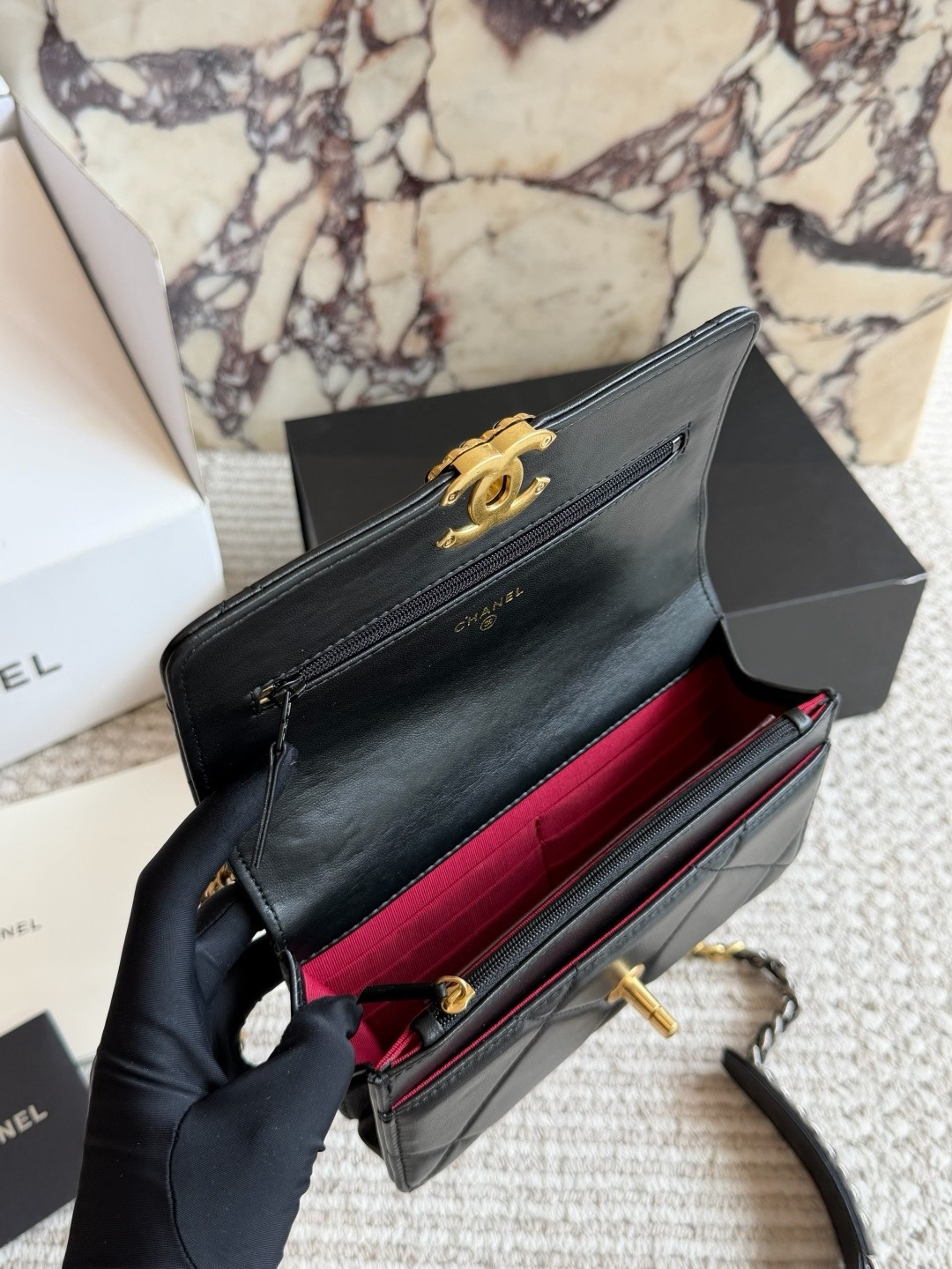 CHA BAG #4 CC 19 WOC Wallet On Chain | Original Lambskin | Black & Cream | Gold Hardware | Mini Lucky Bag