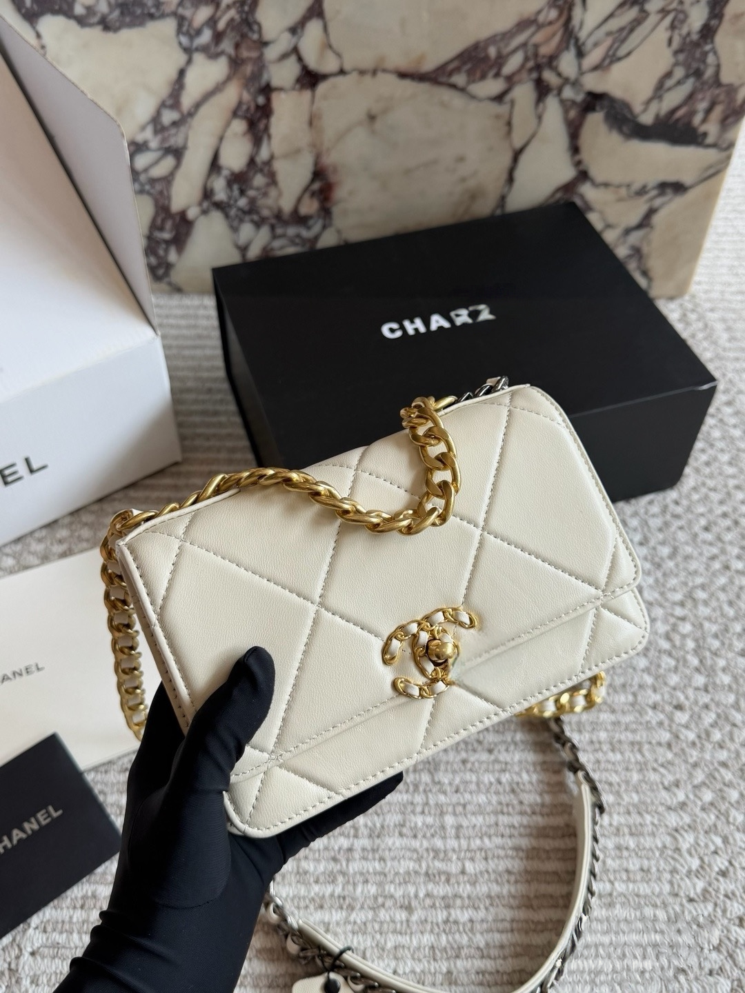 CHA BAG #4 CC 19 WOC Wallet On Chain | Original Lambskin | Black & Cream | Gold Hardware | Mini Lucky Bag