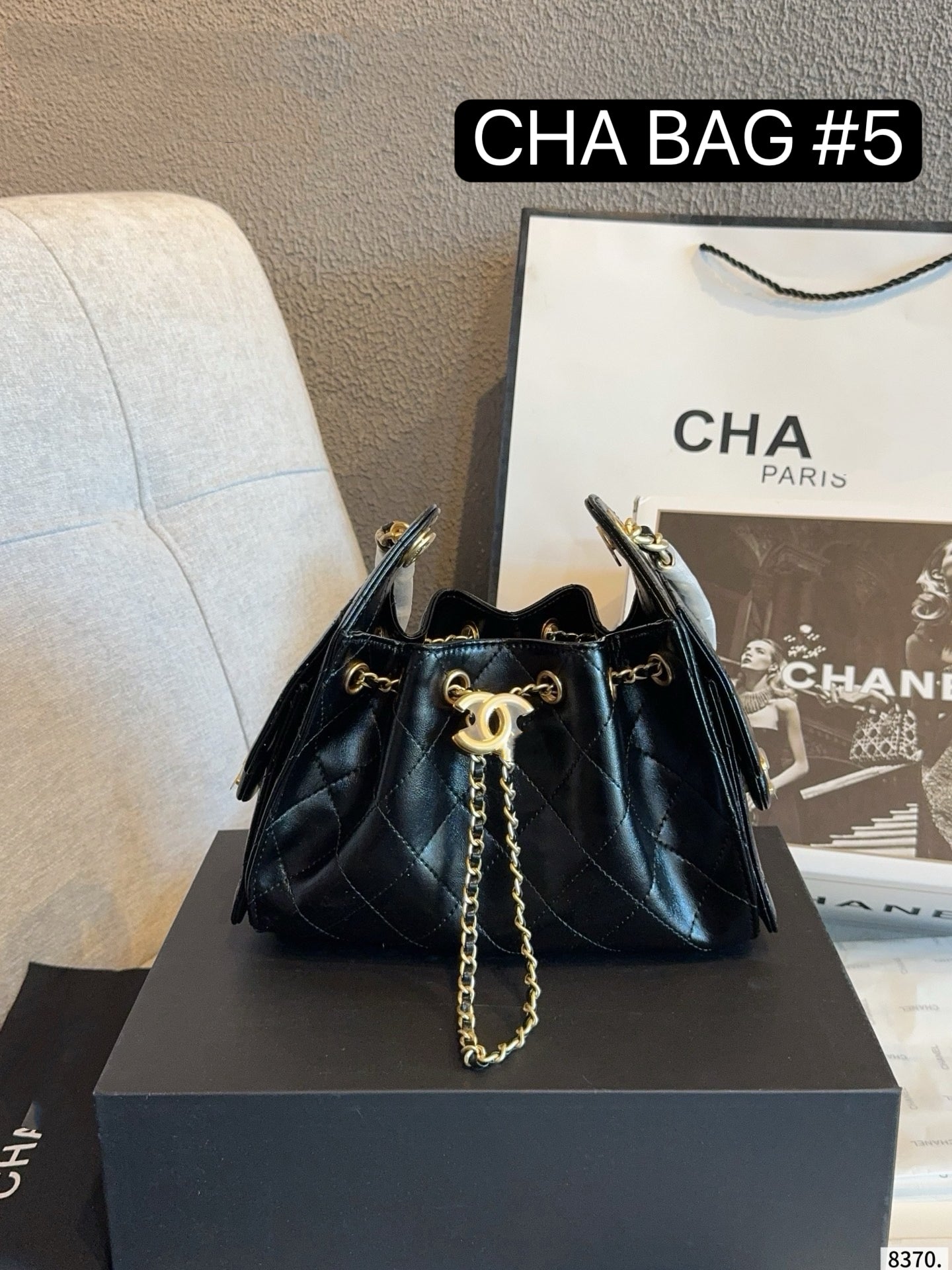 CHA BAG #5 CC New Season Hobo Drawstring Bag | Black Lambskin | Gold Hardware | 22×10×14cm