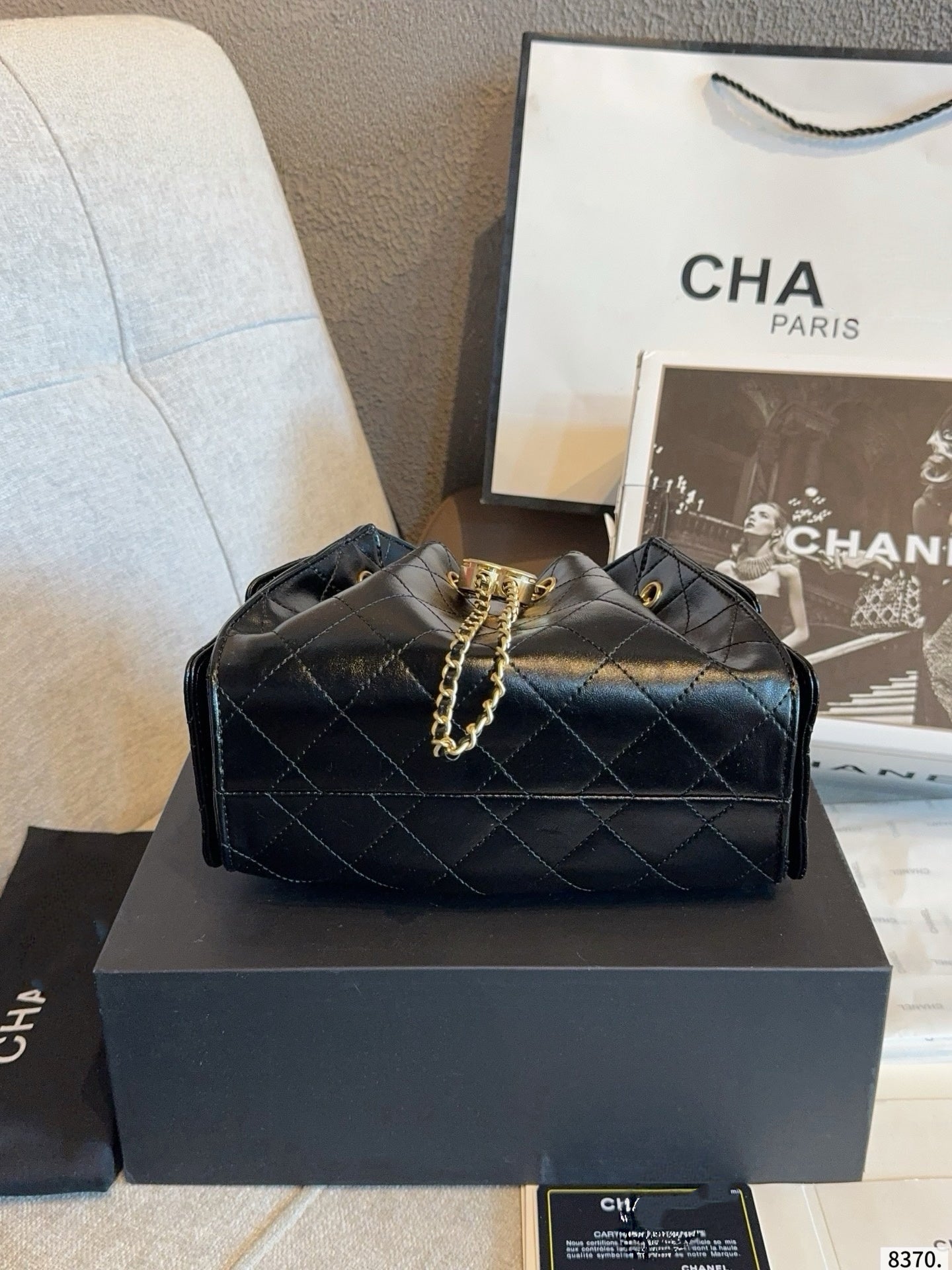 CHA BAG #5 CC New Season Hobo Drawstring Bag | Black Lambskin | Gold Hardware | 22×10×14cm