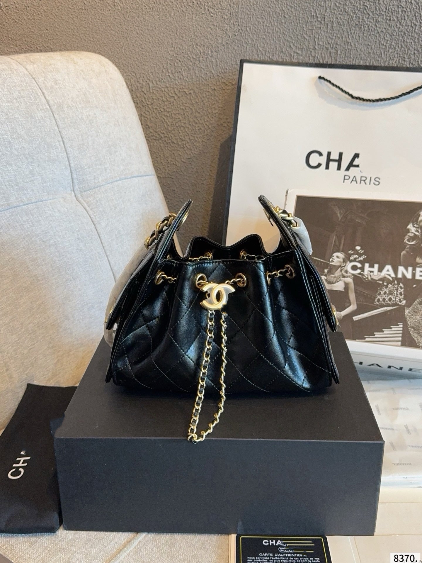 CHA BAG #5 CC New Season Hobo Drawstring Bag | Black Lambskin | Gold Hardware | 22×10×14cm