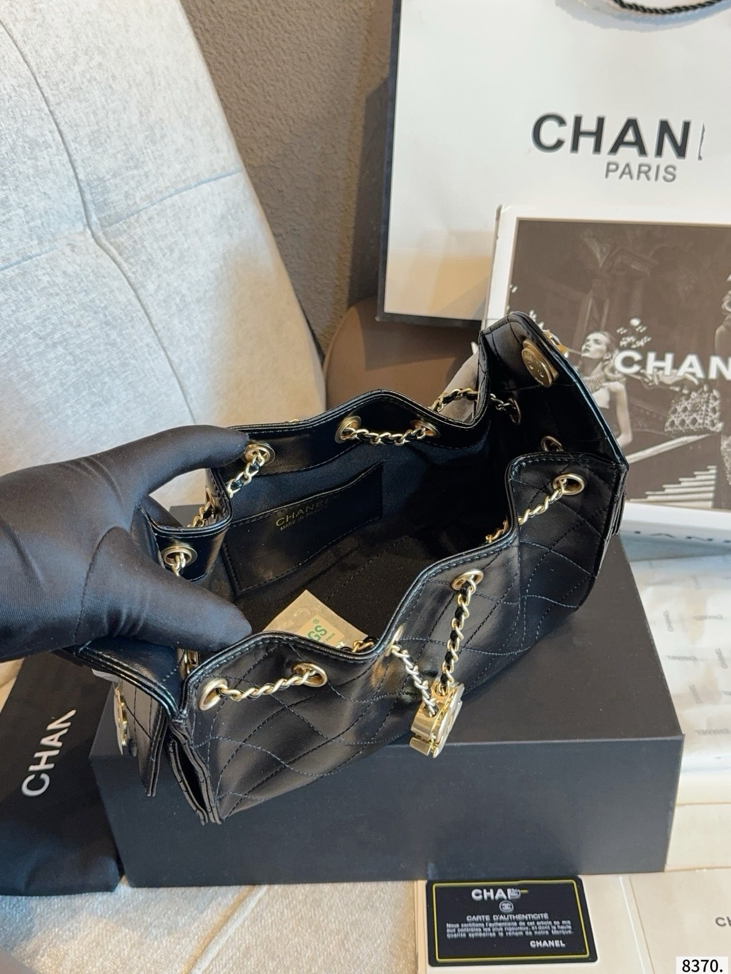 CHA BAG #5 CC New Season Hobo Drawstring Bag | Black Lambskin | Gold Hardware | 22×10×14cm