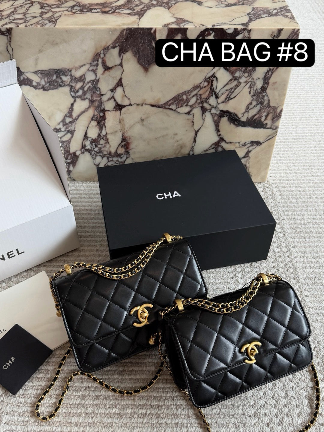 CHA BAG #8 Original Lambskin | Black | Aged Gold Hardware | Two Sizes Same Price | 19cm & 22cm | Adjustable Ball Charm