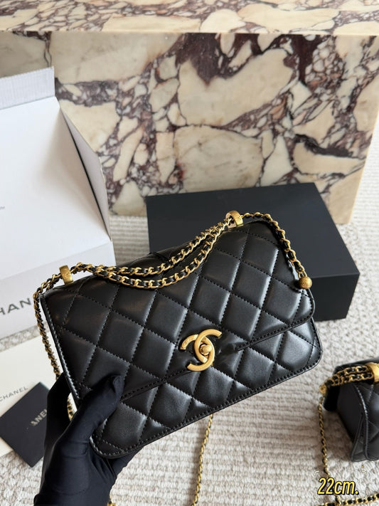 CHA BAG #8 Original Lambskin | Black | Aged Gold Hardware | Two Sizes Same Price | 19cm & 22cm | Adjustable Ball Charm