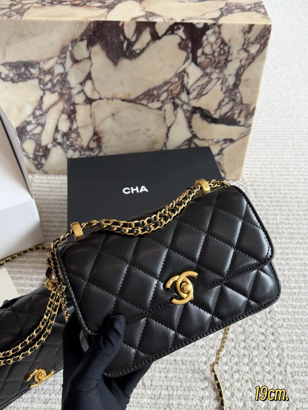 CHA BAG #8 Original Lambskin | Black | Aged Gold Hardware | Two Sizes Same Price | 19cm & 22cm | Adjustable Ball Charm