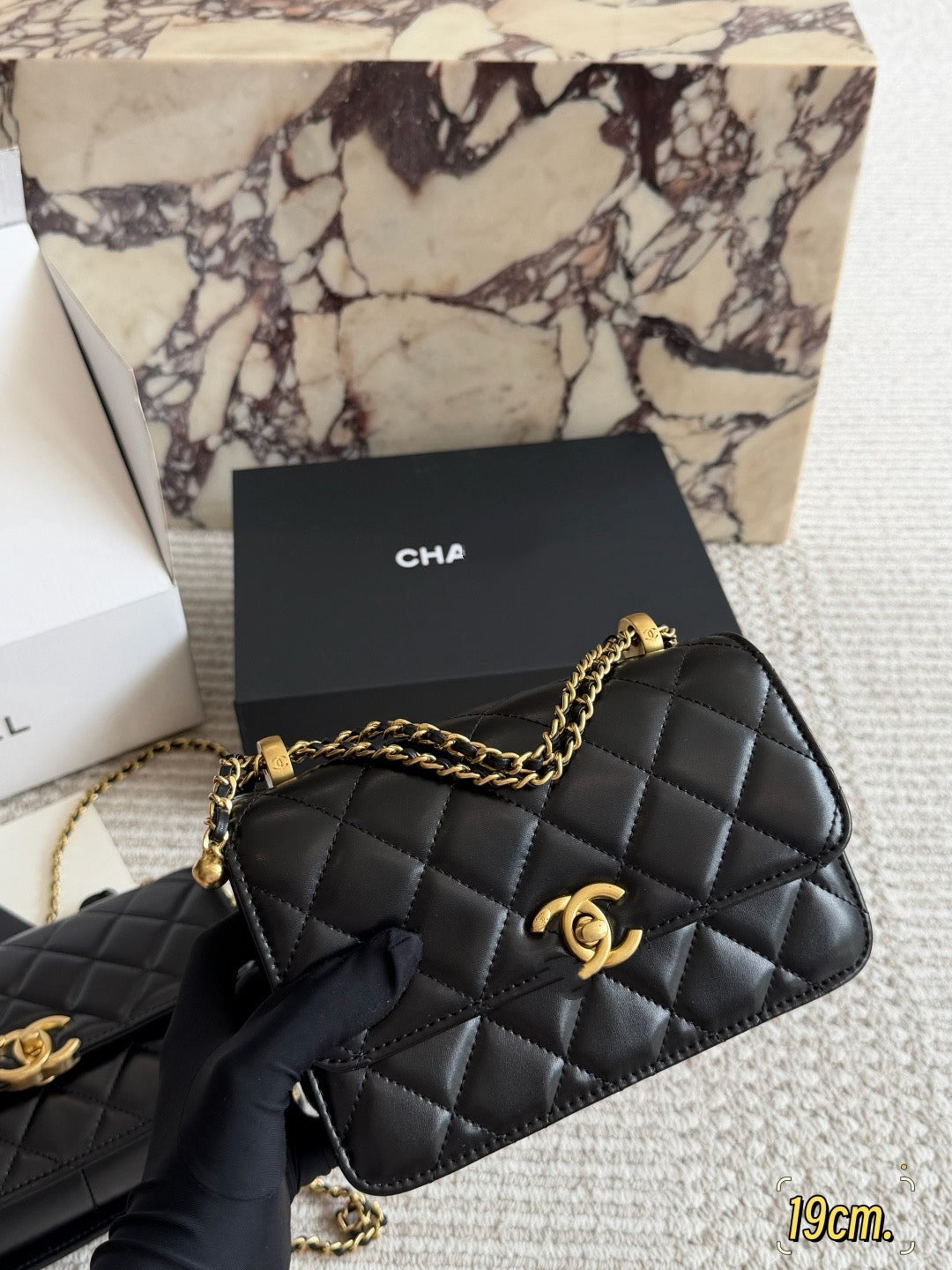 CHA BAG #8 Original Lambskin | Black | Aged Gold Hardware | Two Sizes Same Price | 19cm & 22cm | Adjustable Ball Charm