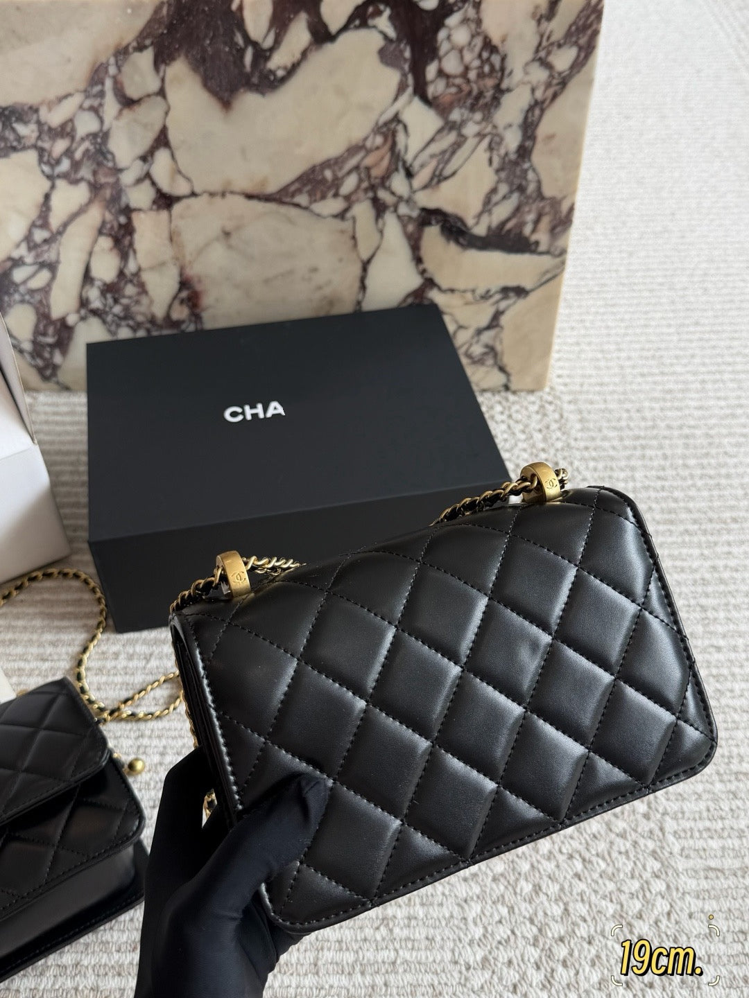CHA BAG #8 Original Lambskin | Black | Aged Gold Hardware | Two Sizes Same Price | 19cm & 22cm | Adjustable Ball Charm