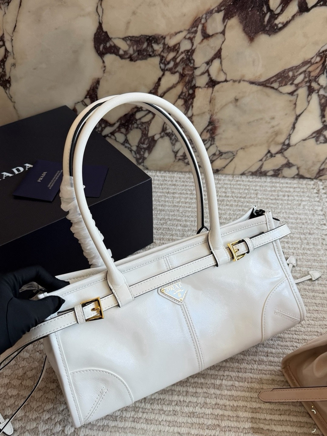 PRA  BAG #2 PRA Bonnie Bag | Softlux Oil-Wax Leather | Nude & White | Gold Hardware | 32×15cm | Top Handle Boston Bag
