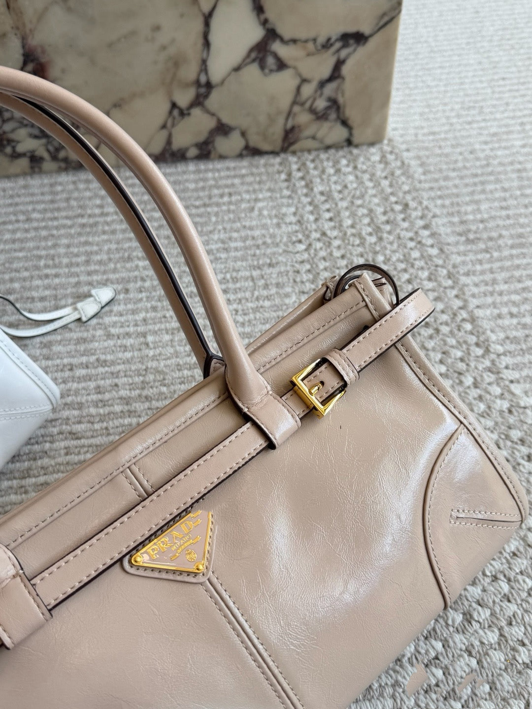 PRA  BAG #2 PRA Bonnie Bag | Softlux Oil-Wax Leather | Nude & White | Gold Hardware | 32×15cm | Top Handle Boston Bag