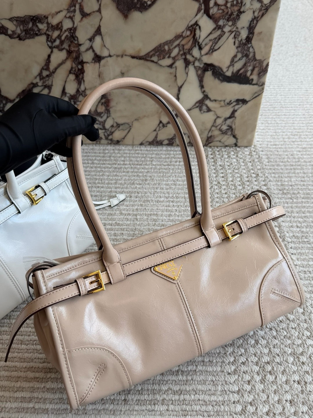 PRA  BAG #2 PRA Bonnie Bag | Softlux Oil-Wax Leather | Nude & White | Gold Hardware | 32×15cm | Top Handle Boston Bag