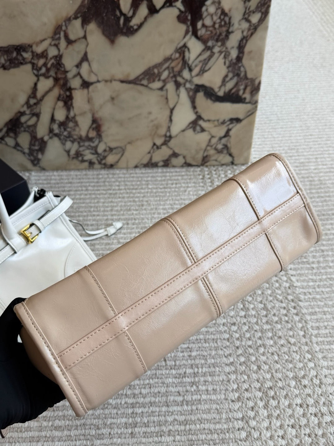PRA  BAG #2 PRA Bonnie Bag | Softlux Oil-Wax Leather | Nude & White | Gold Hardware | 32×15cm | Top Handle Boston Bag