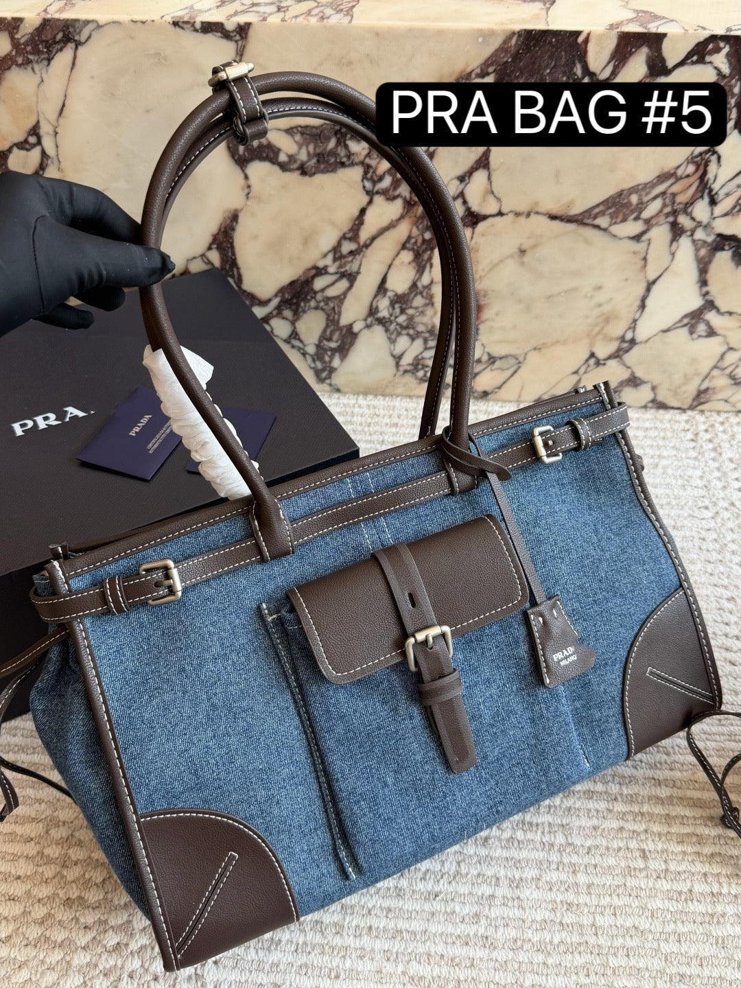 PRA BAG #5 Denim & Original Leather | Blue x Dark Brown | Antique Silver Hardware | 36×22×15cm | Top Handle Tote