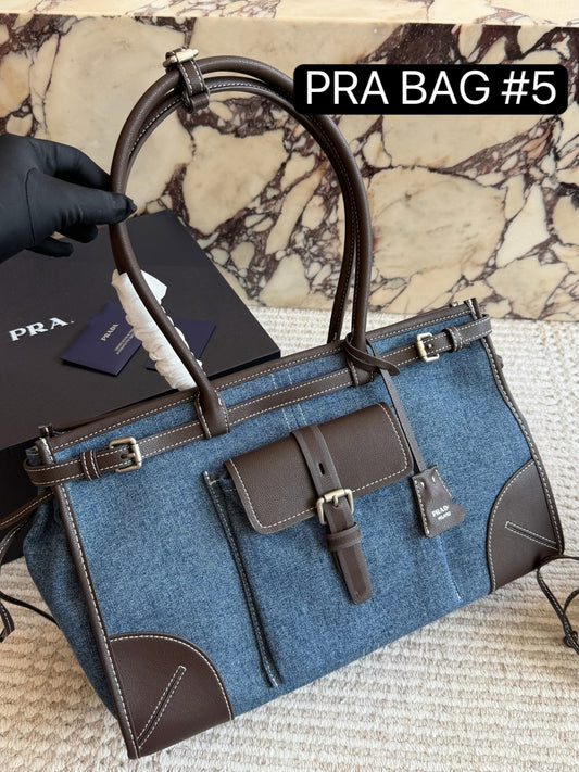 PRA BAG #5 Denim & Original Leather | Blue x Dark Brown | Antique Silver Hardware | 36×22×15cm | Top Handle Tote