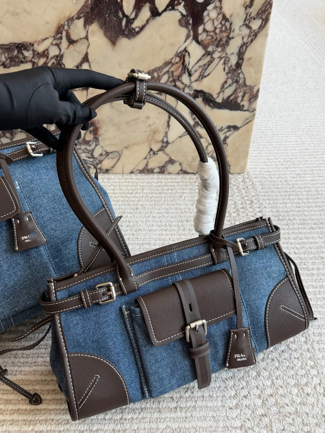 PRA BAG #5 Denim & Original Leather | Blue x Dark Brown | Antique Silver Hardware | 36×22×15cm | Top Handle Tote