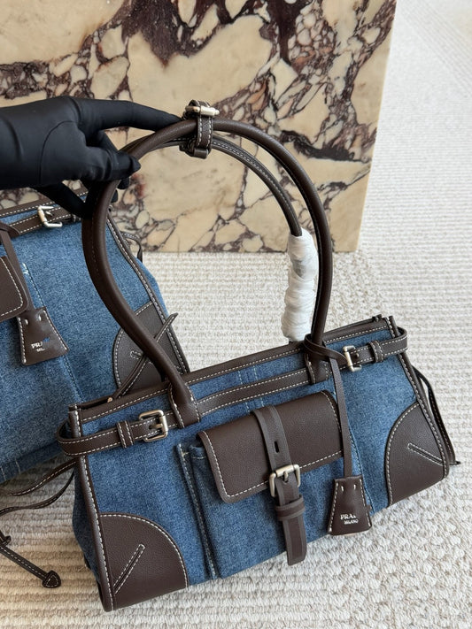 PRA BAG #5 Denim & Original Leather | Blue x Dark Brown | Antique Silver Hardware | 36×22×15cm | Top Handle Tote