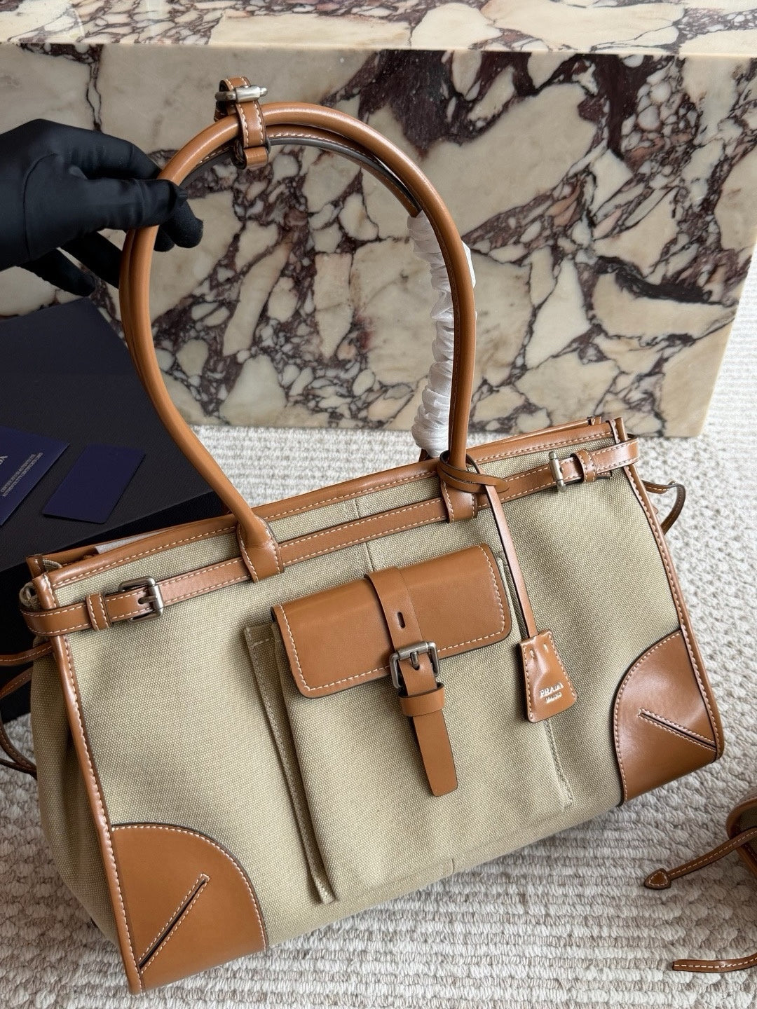 PRA BAG #5 Denim & Original Leather | Blue x Dark Brown | Antique Silver Hardware | 36×22×15cm | Top Handle Tote