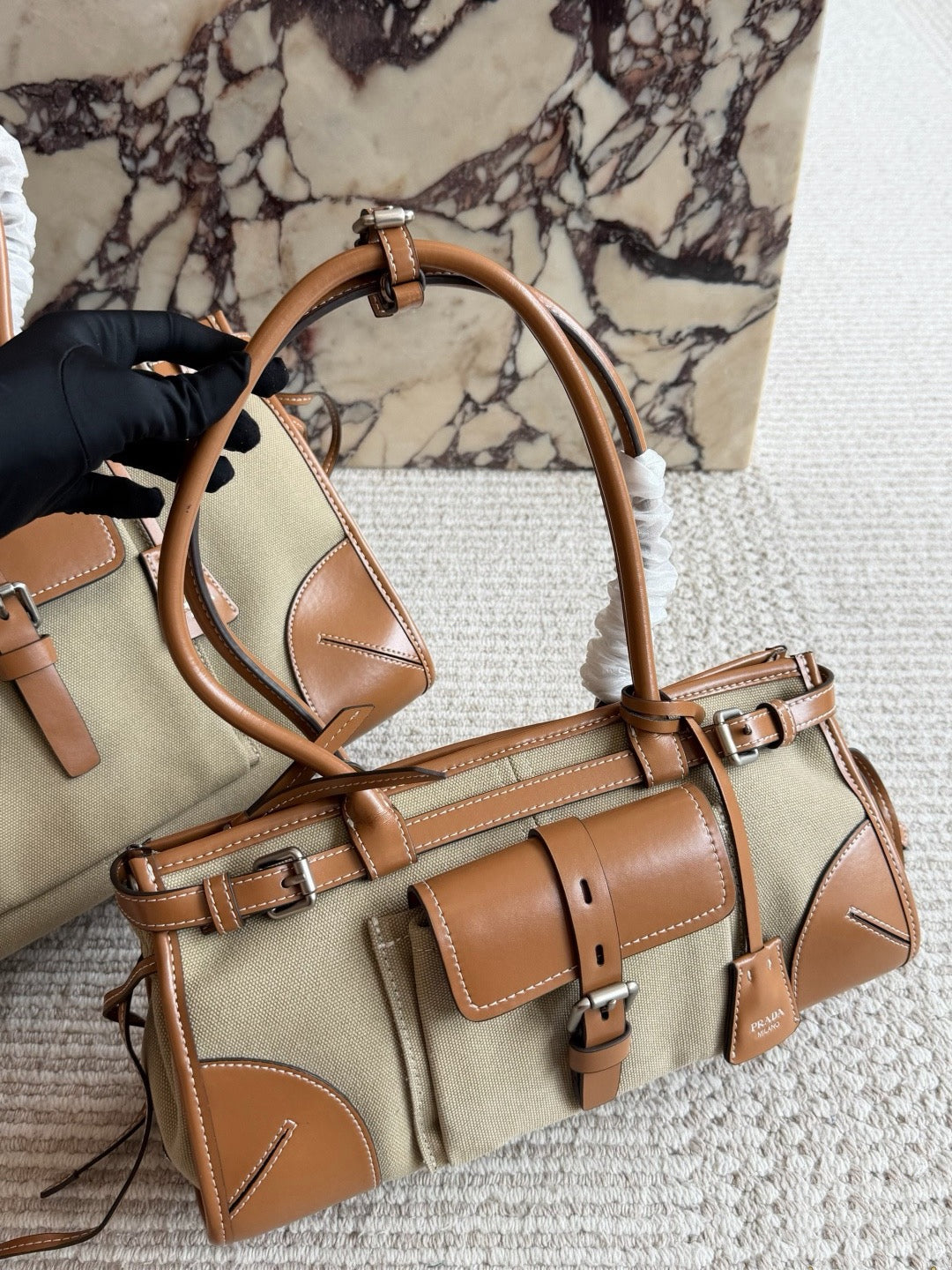 PRA BAG #5 Denim & Original Leather | Blue x Dark Brown | Antique Silver Hardware | 36×22×15cm | Top Handle Tote